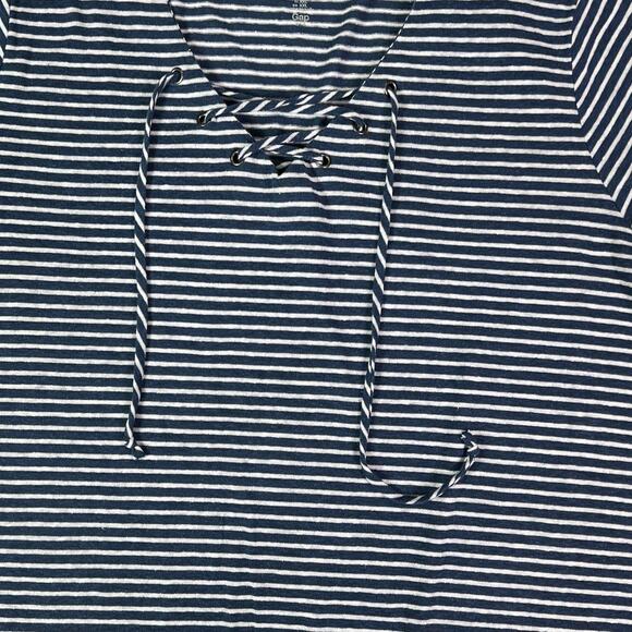 Gap Linen Blend Tee Shirt Lace Up Front Plus XXL Coastal Navy Blue White Stripes - Picture 4 of 12